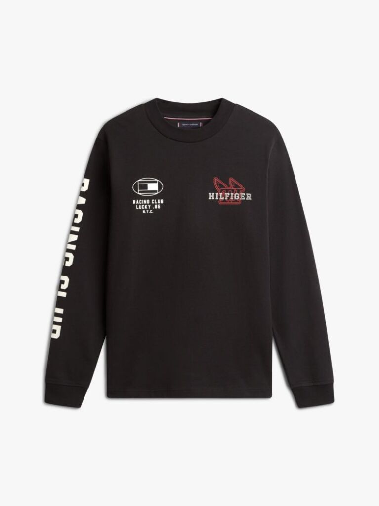 Negru T-Shirt Din Jerseu Cu Maneci Lungi Si Imprimeu  Barbati