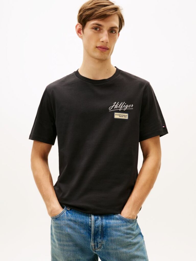 Negru T-Shirt Cu Textura Guler Rotund Si Logo  Barbati