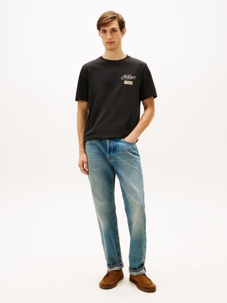 Negru T-Shirt Cu Textura Guler Rotund Si Logo  Barbati