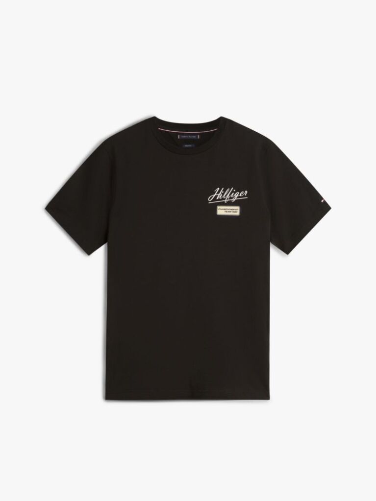 Negru T-Shirt Cu Textura Guler Rotund Si Logo  Barbati