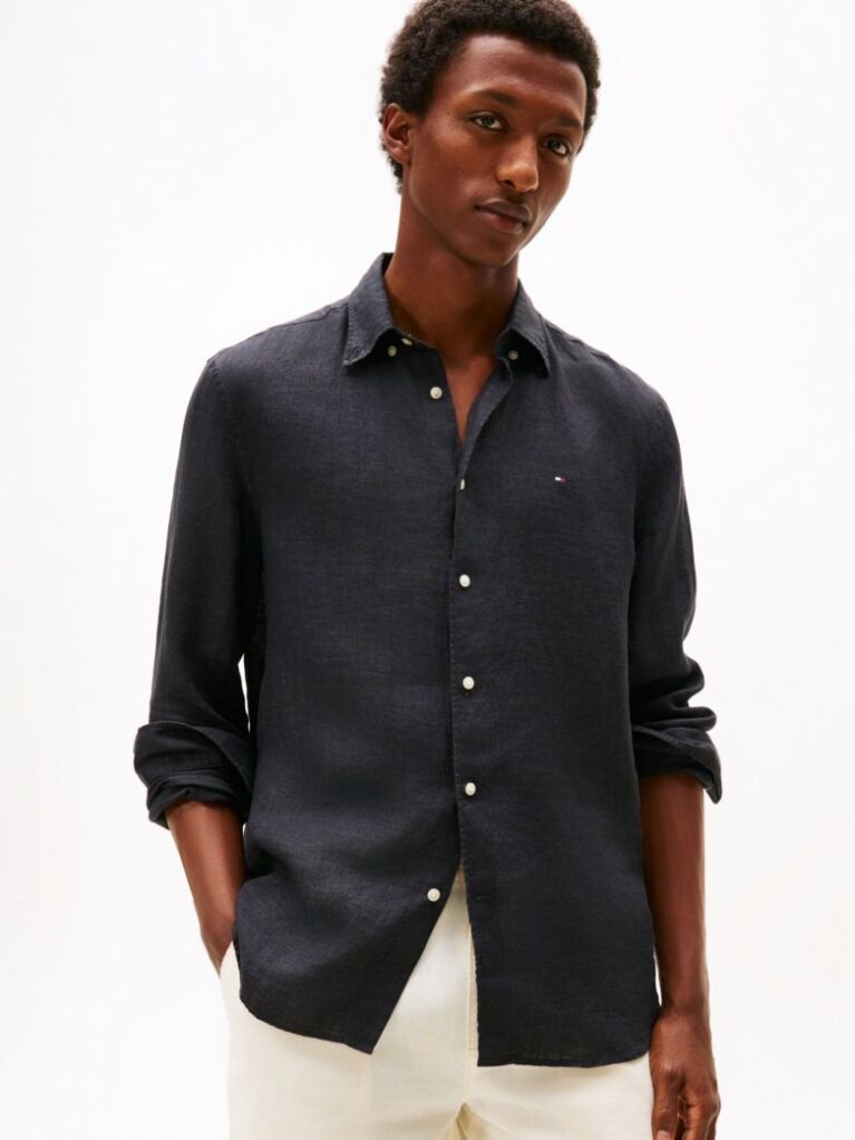 Black Regular Fit Washed Pure Linen Shirt  Men