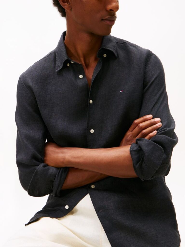 Black Regular Fit Washed Pure Linen Shirt  Men