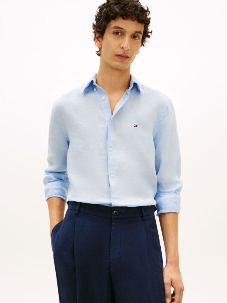 Blue Regular Fit Washed Pure Linen Shirt  Men