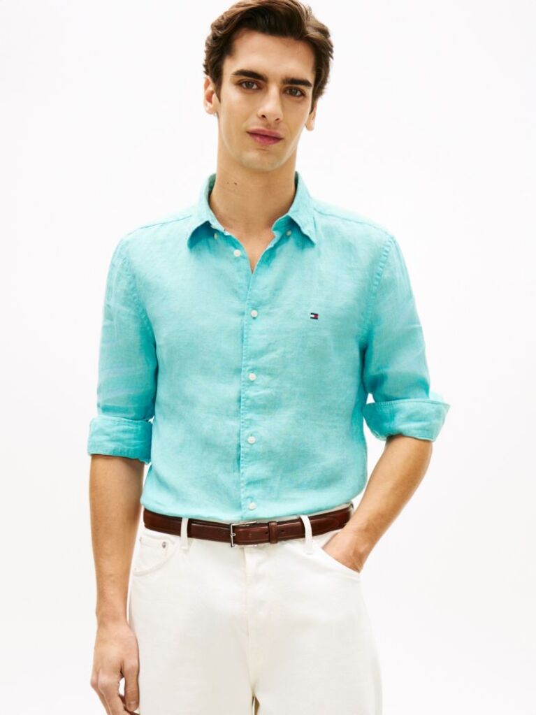 Blue Camasa Din In Pur Pique Washed Cu Croiala Regular  Barbati