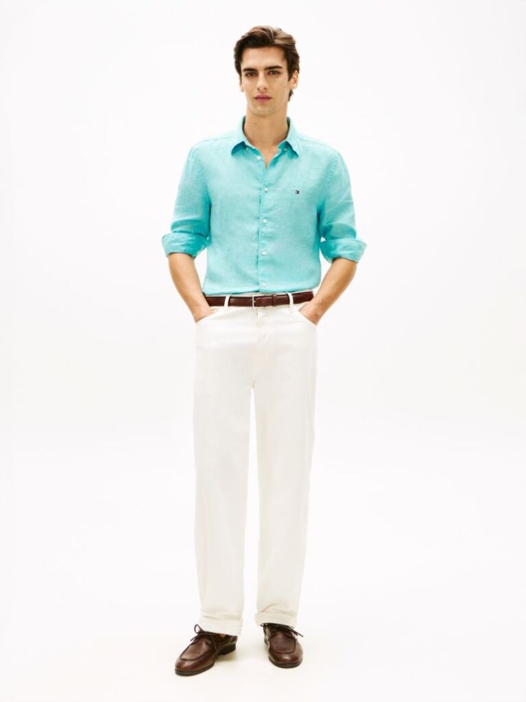 Blue Camasa Din In Pur Pique Washed Cu Croiala Regular  Barbati