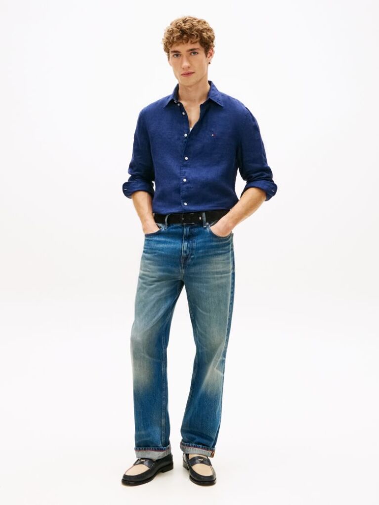 Blue Regular Fit Washed Pure Linen Shirt  Men