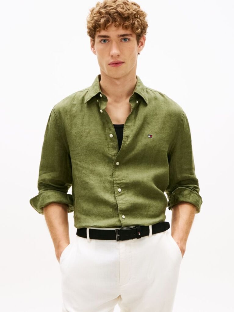 Green Regular Fit Washed Pure Linen Shirt  Men