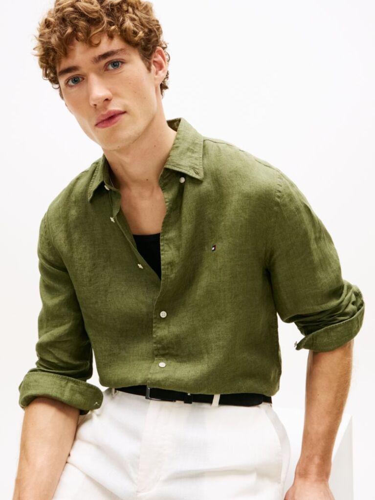 Green Regular Fit Washed Pure Linen Shirt  Men