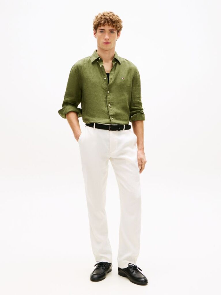 Green Regular Fit Washed Pure Linen Shirt  Men