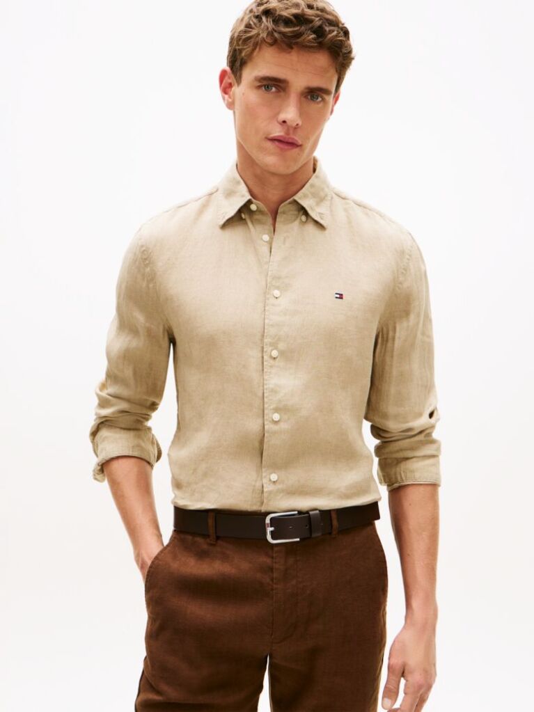 Beige Regular Fit Washed Pure Linen Shirt  Men