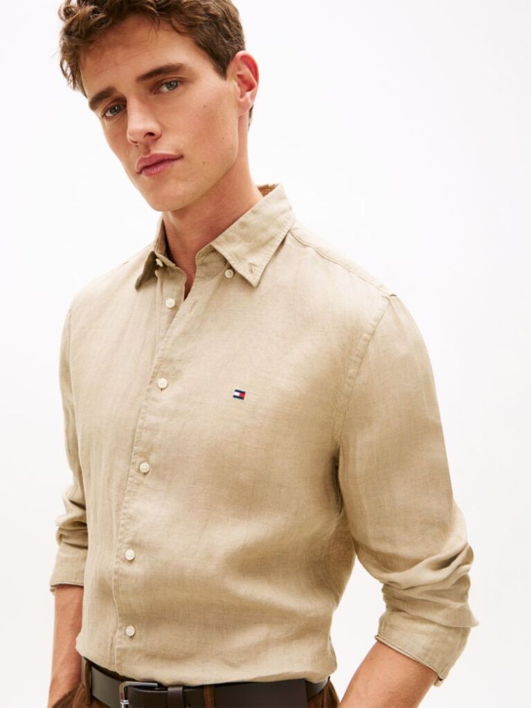 Beige Regular Fit Washed Pure Linen Shirt  Men