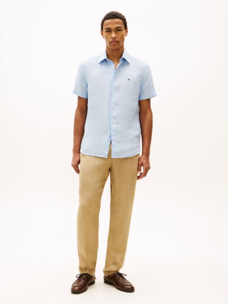 Blue Camasa Cu Maneca Scurta Din In Washed Cu Croiala Regular  Barbati