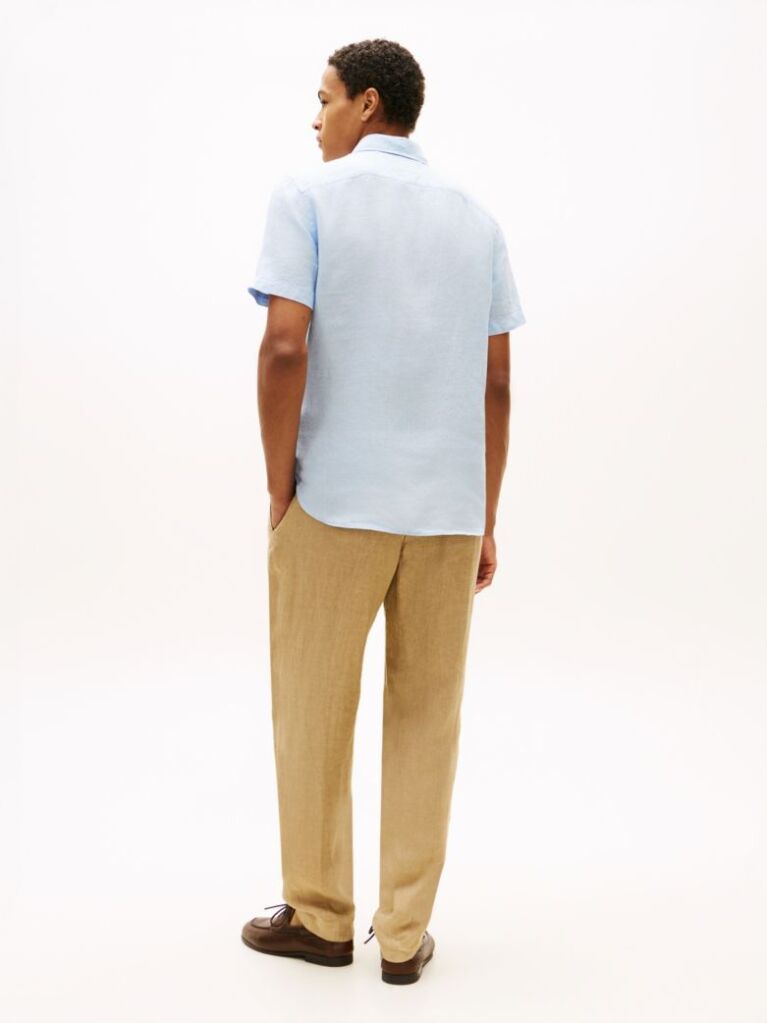 Blue Camasa Cu Maneca Scurta Din In Washed Cu Croiala Regular  Barbati