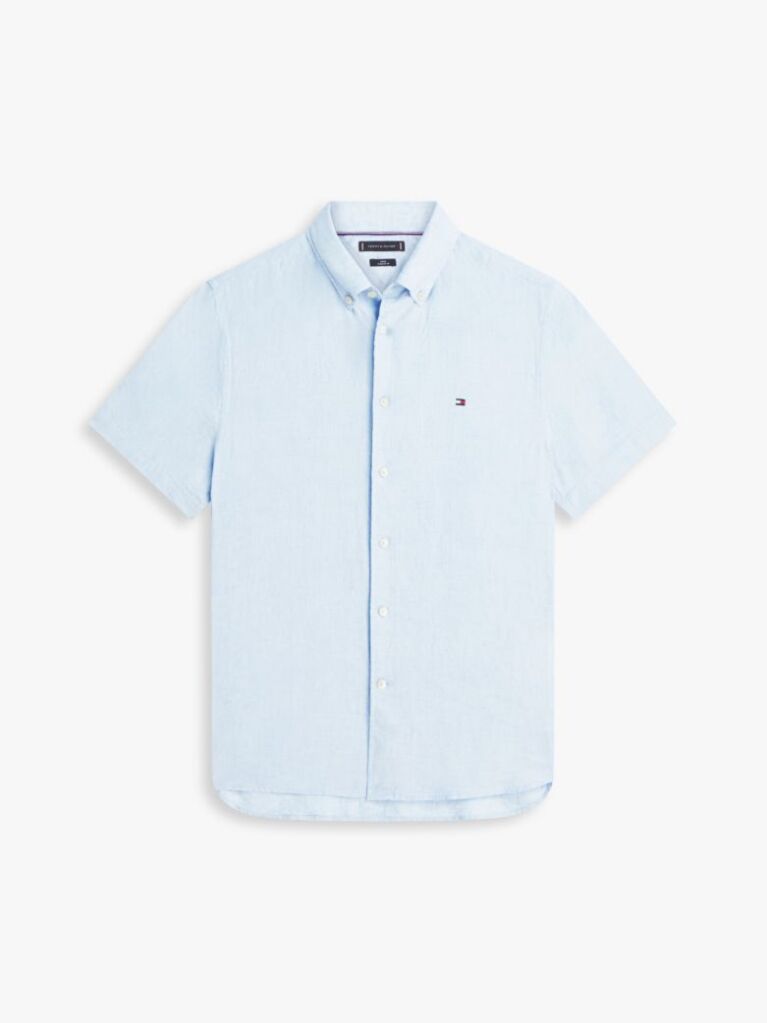 Blue Camasa Cu Maneca Scurta Din In Washed Cu Croiala Regular  Barbati