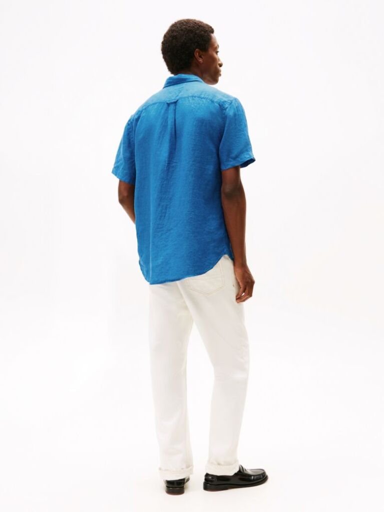 Blue Camasa Cu Maneca Scurta Din In Washed Cu Croiala Regular  Barbati
