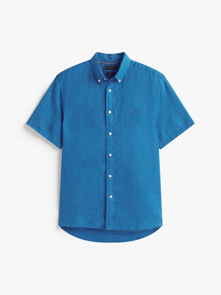 Blue Camasa Cu Maneca Scurta Din In Washed Cu Croiala Regular  Barbati