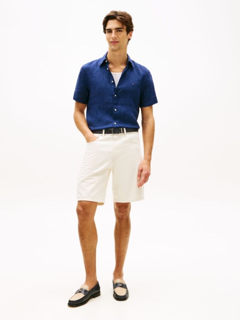 Blue Regular Fit Washed Linen Short Sleeve Shirt  Men