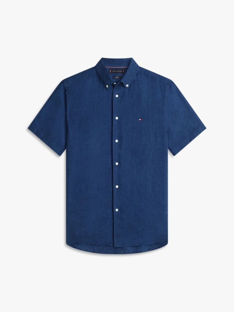 Blue Regular Fit Washed Linen Short Sleeve Shirt  Men