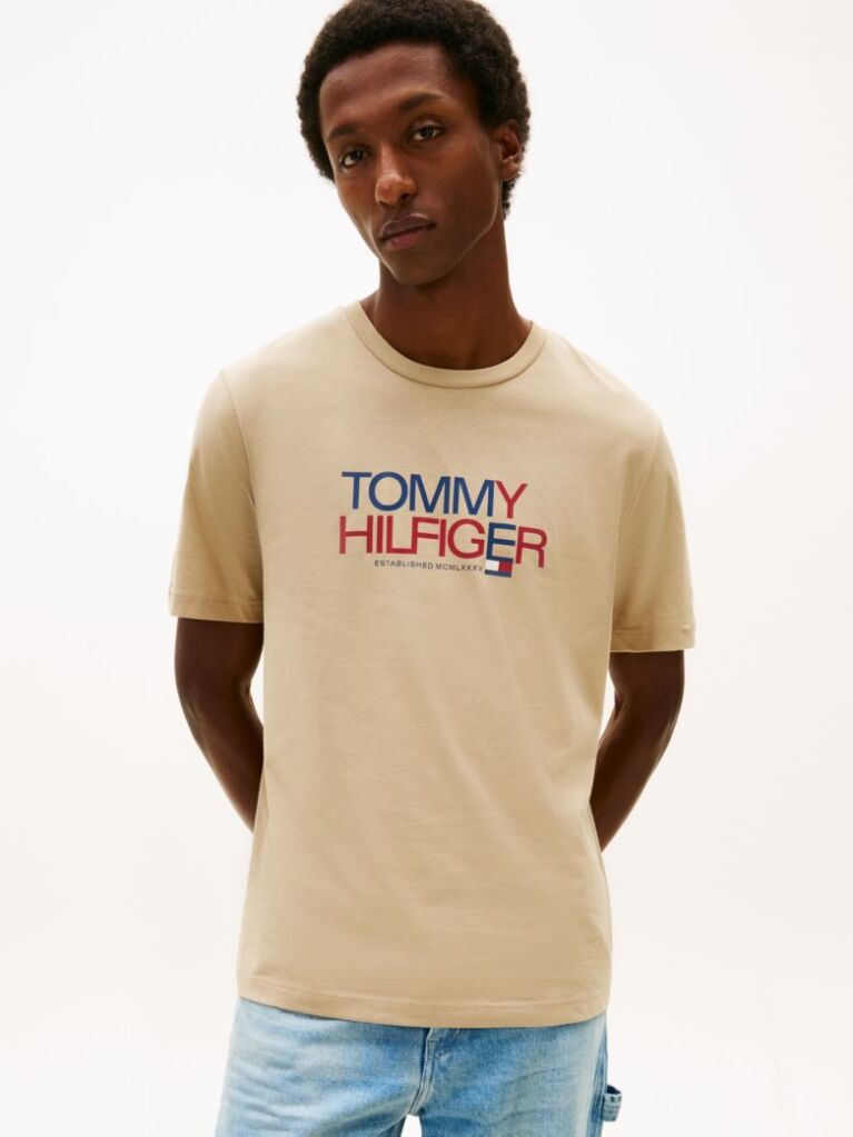 Beige Logo Graphic Crew Neck T-Shirt  Men