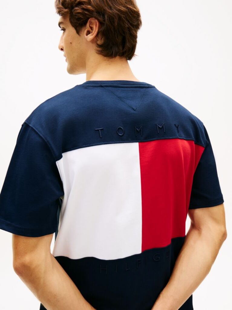 Blue Tricou Relaxat Din Jersey Cu Steag Brodat  Barbati