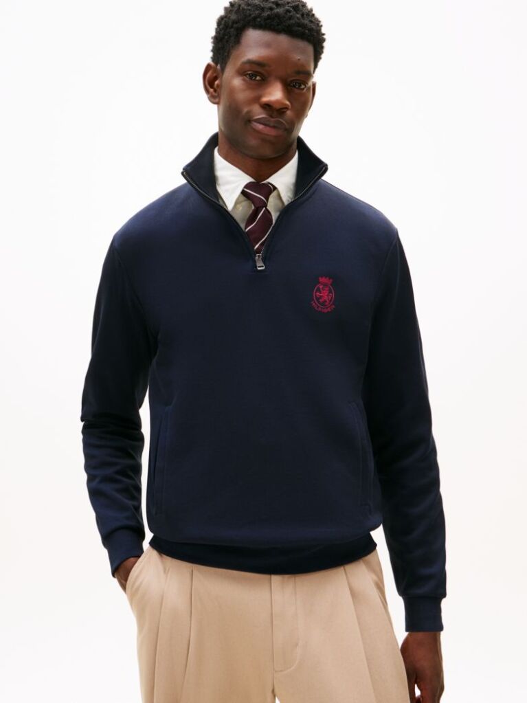 Blue TH Crest Embroidery Quarter-Zip Jumper  Men