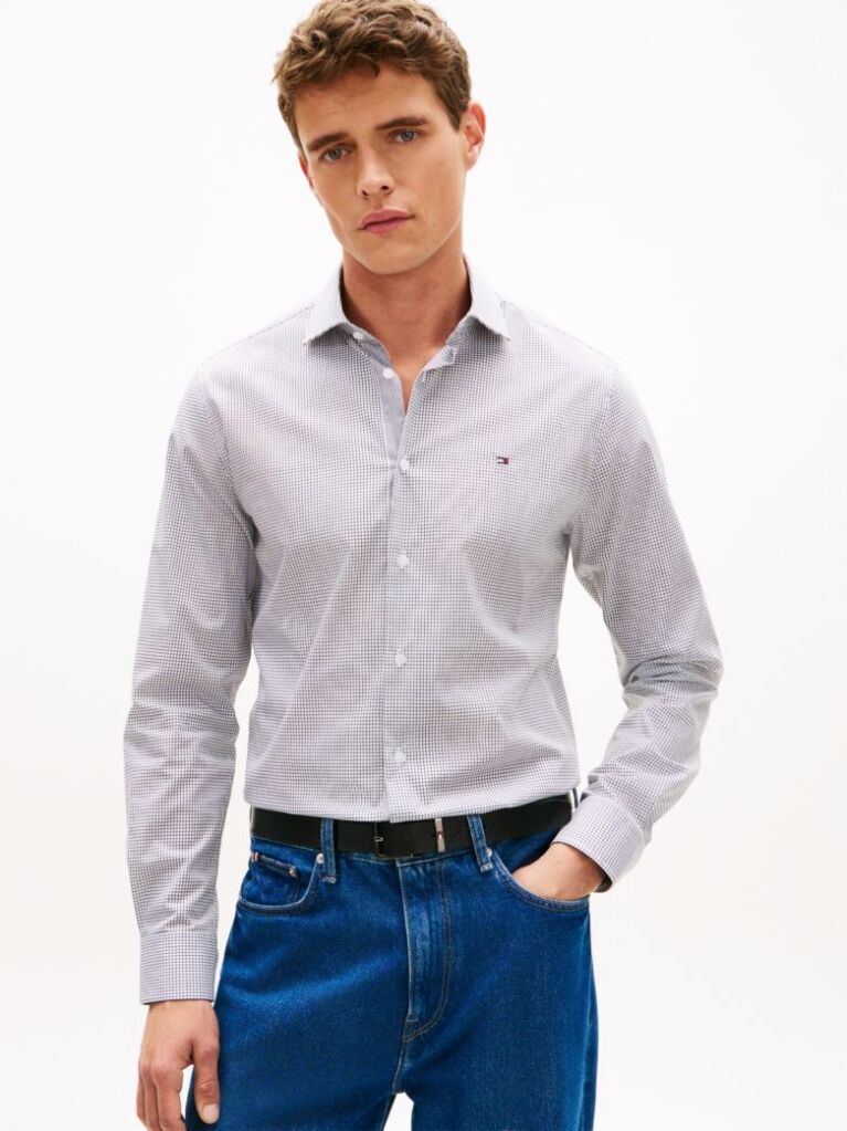 Black Slim Fit Gingham Check Poplin Shirt  Men