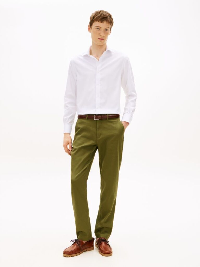Green Denton Honeycomb Texture Straight Leg Chinos  Men