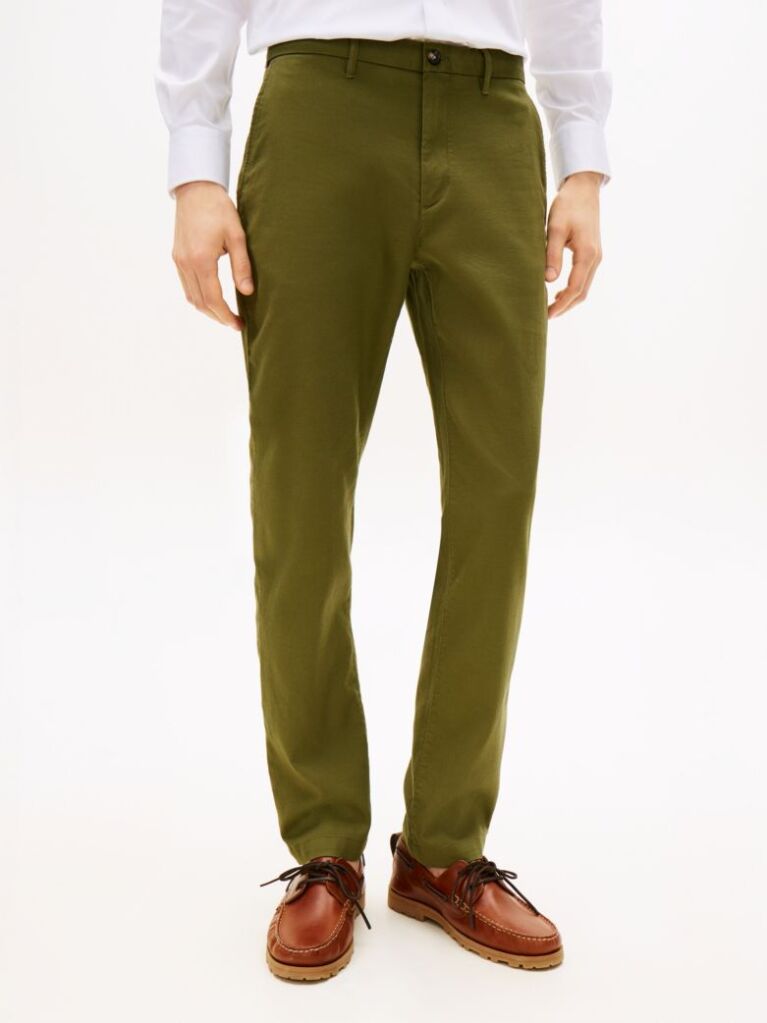 Green Denton Honeycomb Texture Straight Leg Chinos  Men