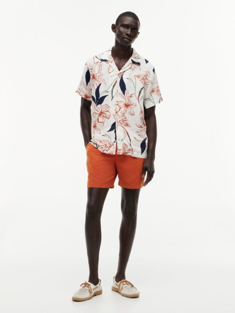 Multi Regular Tropical Print Linen Short Sleeve Shirt  Men