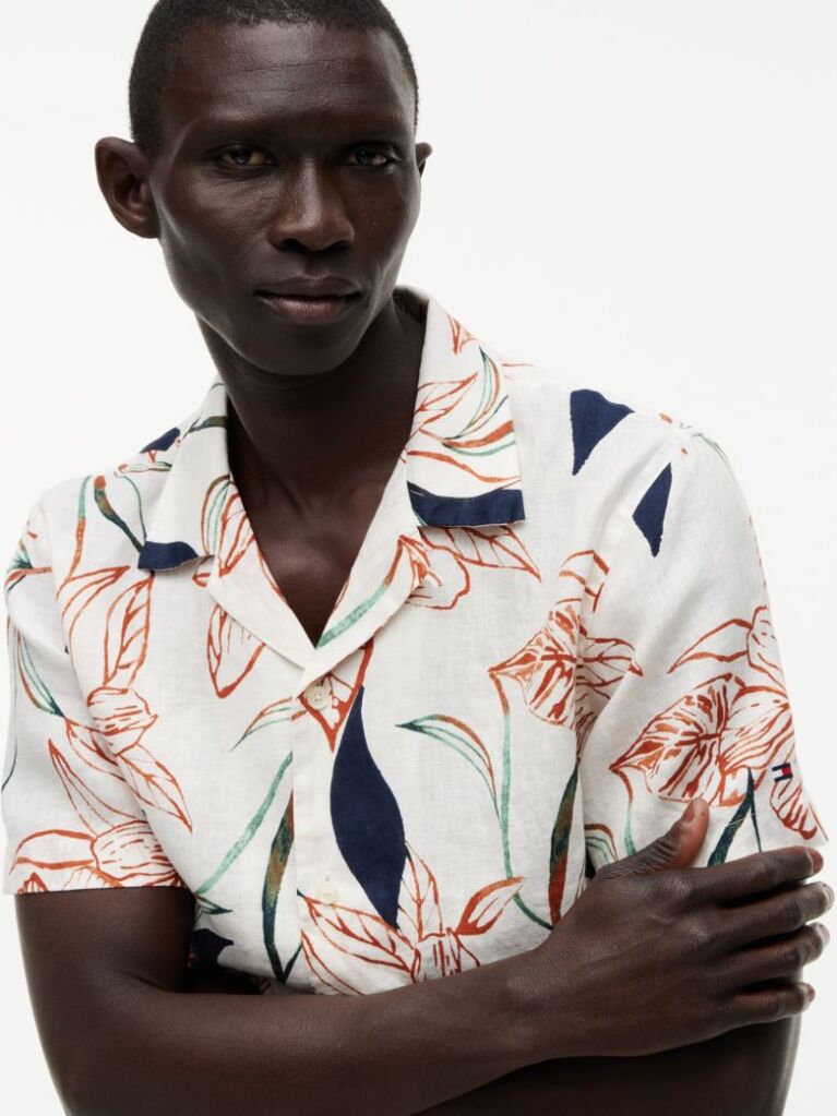 Multi Regular Tropical Print Linen Short Sleeve Shirt  Men