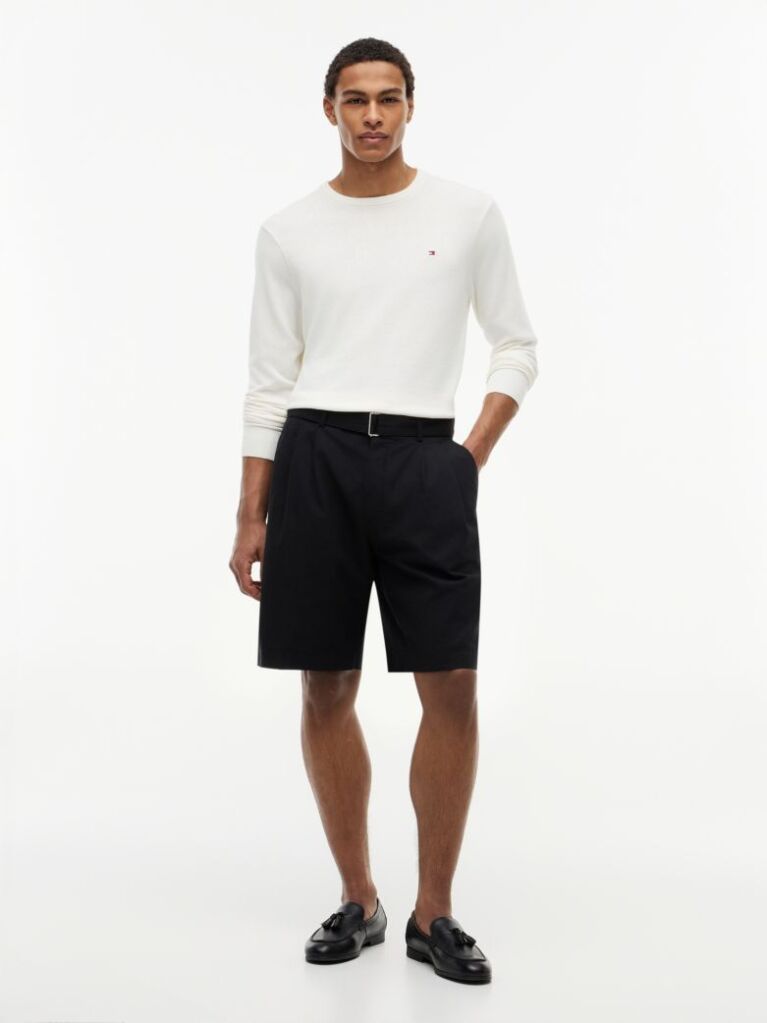 Black Linen Blend 10" Inseam Belted Chino Shorts  Men