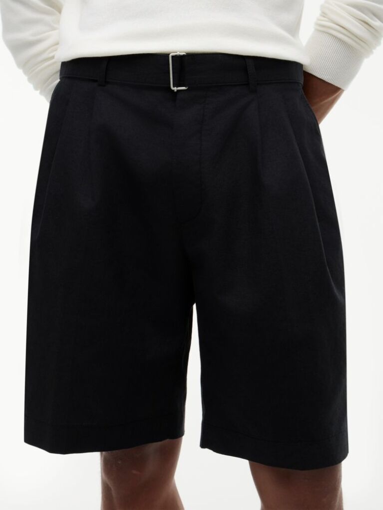 Black Linen Blend 10" Inseam Belted Chino Shorts  Men