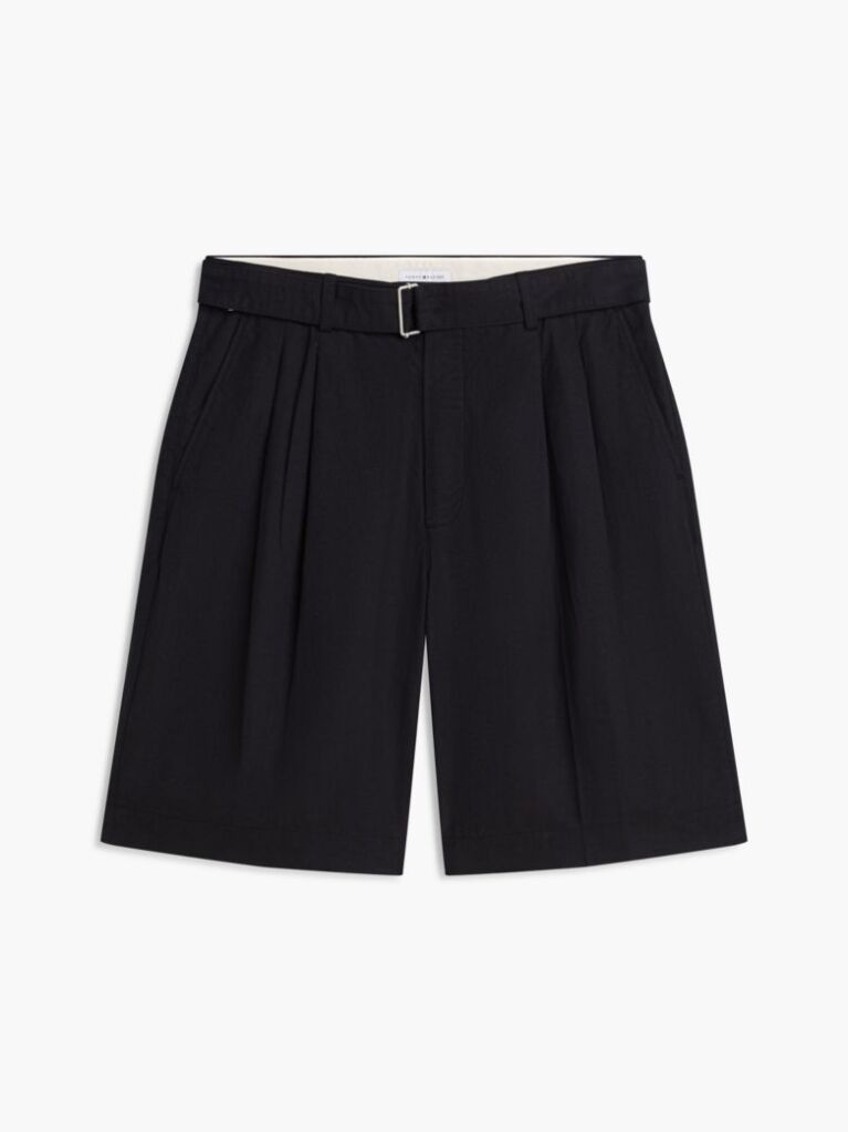 Black Linen Blend 10" Inseam Belted Chino Shorts  Men