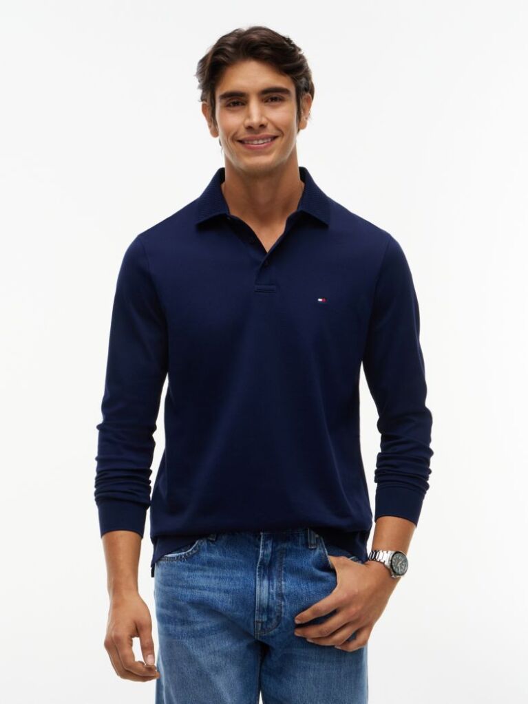 Blue Polo Cu Maneca Lunga Si Croiala Regular  Barbati