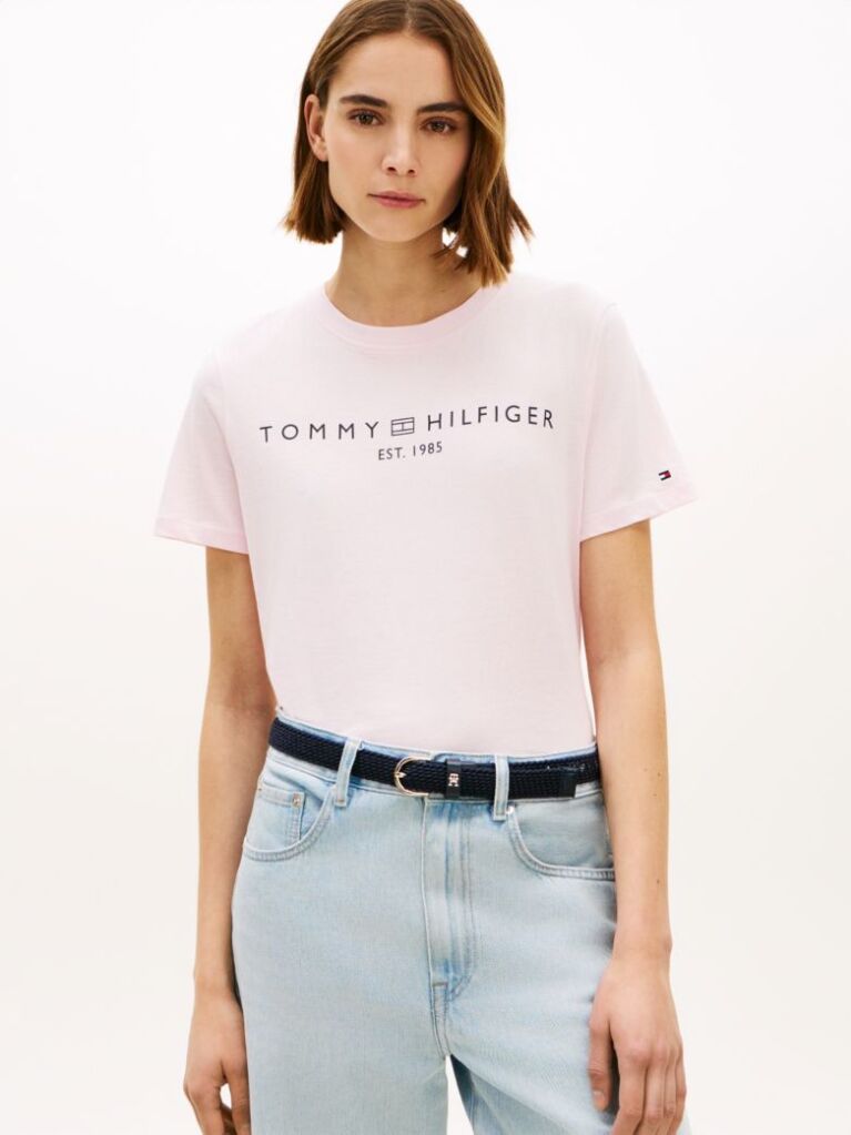Roz Tricou Cu Logo Si Guler Rotund  Femei
