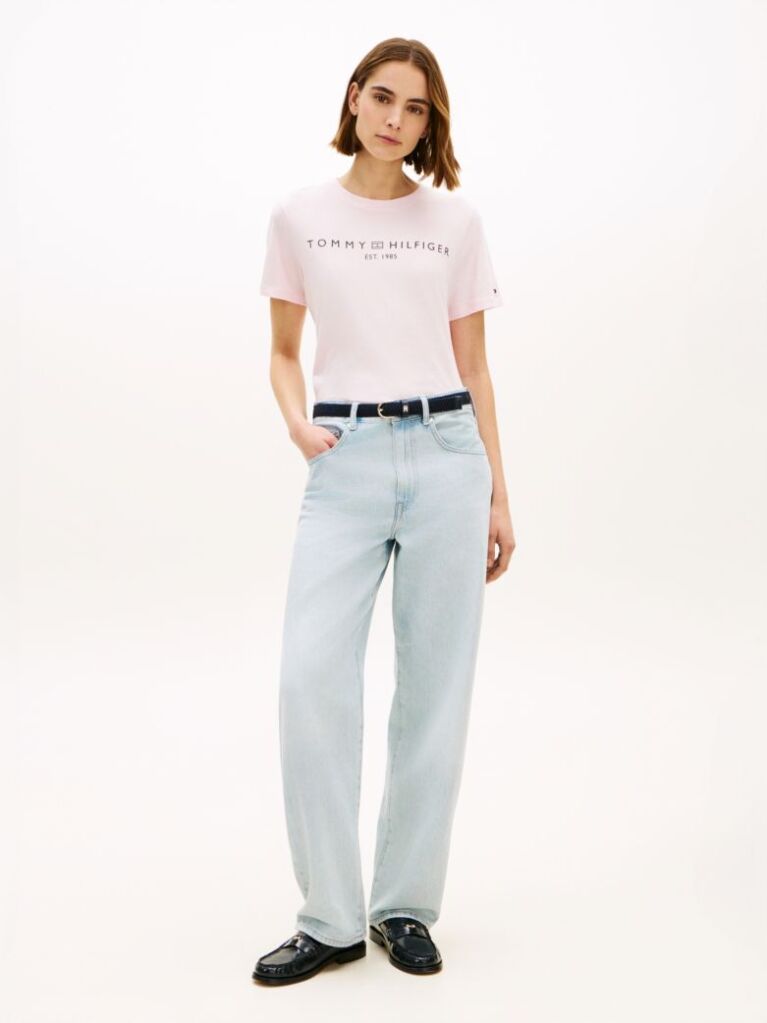 Roz Tricou Cu Logo Si Guler Rotund  Femei