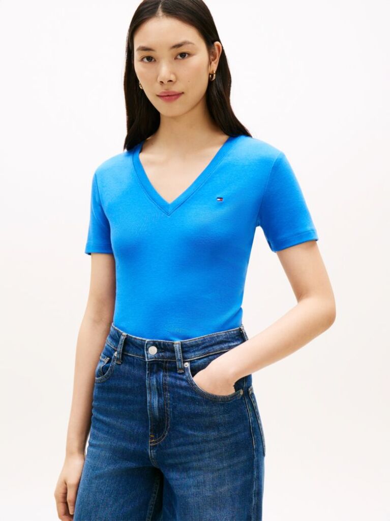 Blue Tricou Slim Fit Tricotat Cu Guler In V  Femei