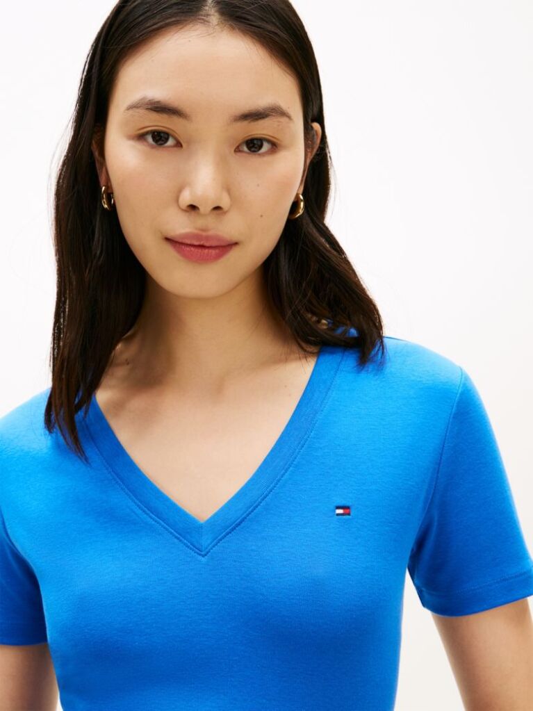Blue Tricou Slim Fit Tricotat Cu Guler In V  Femei
