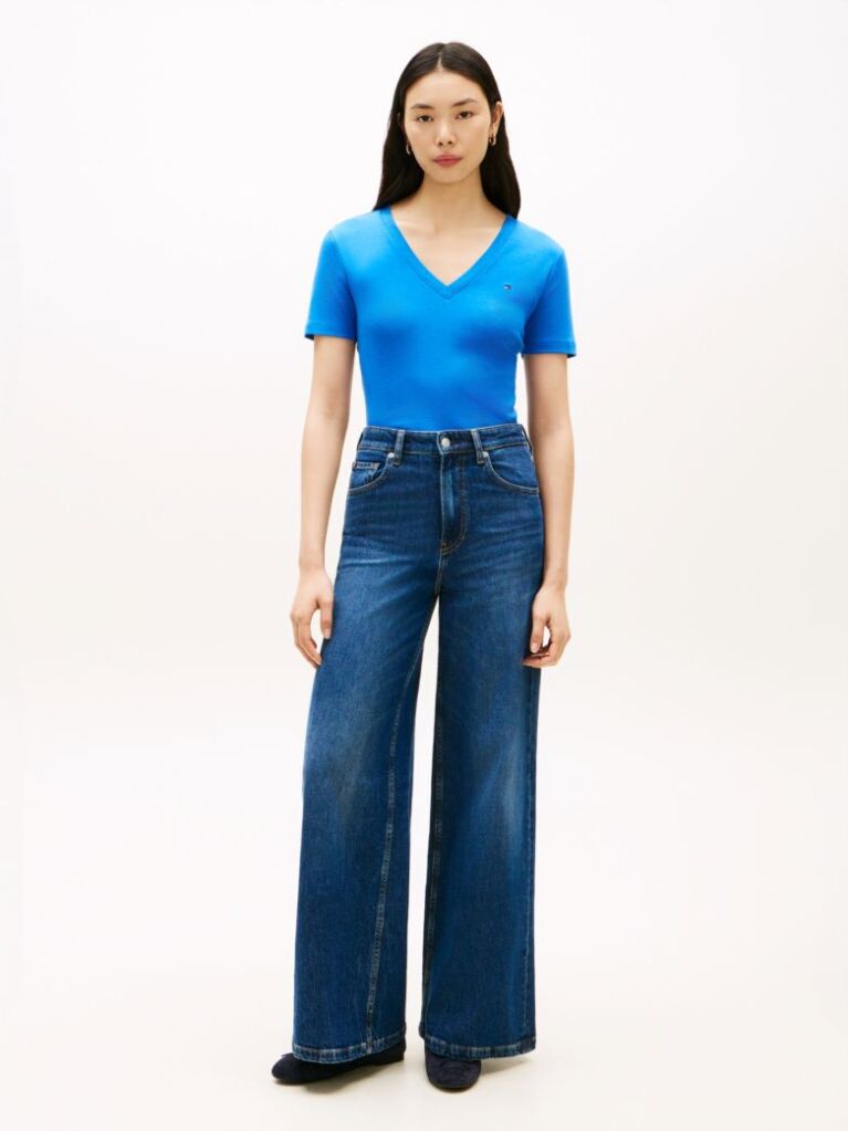 Blue Tricou Slim Fit Tricotat Cu Guler In V  Femei