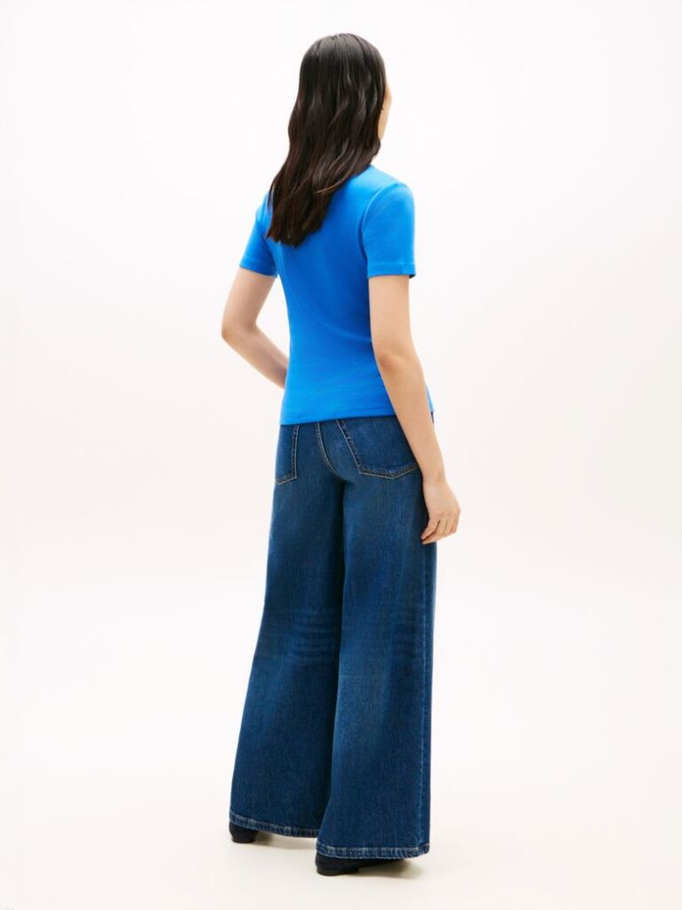 Blue Tricou Slim Fit Tricotat Cu Guler In V  Femei