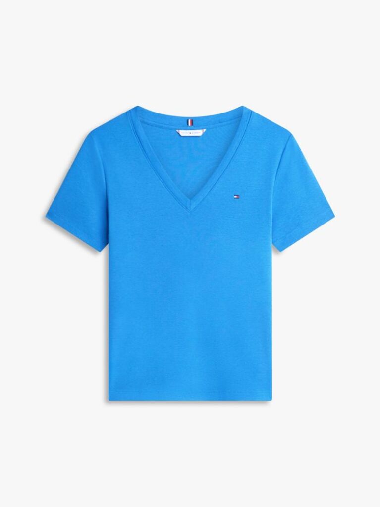 Blue Tricou Slim Fit Tricotat Cu Guler In V  Femei