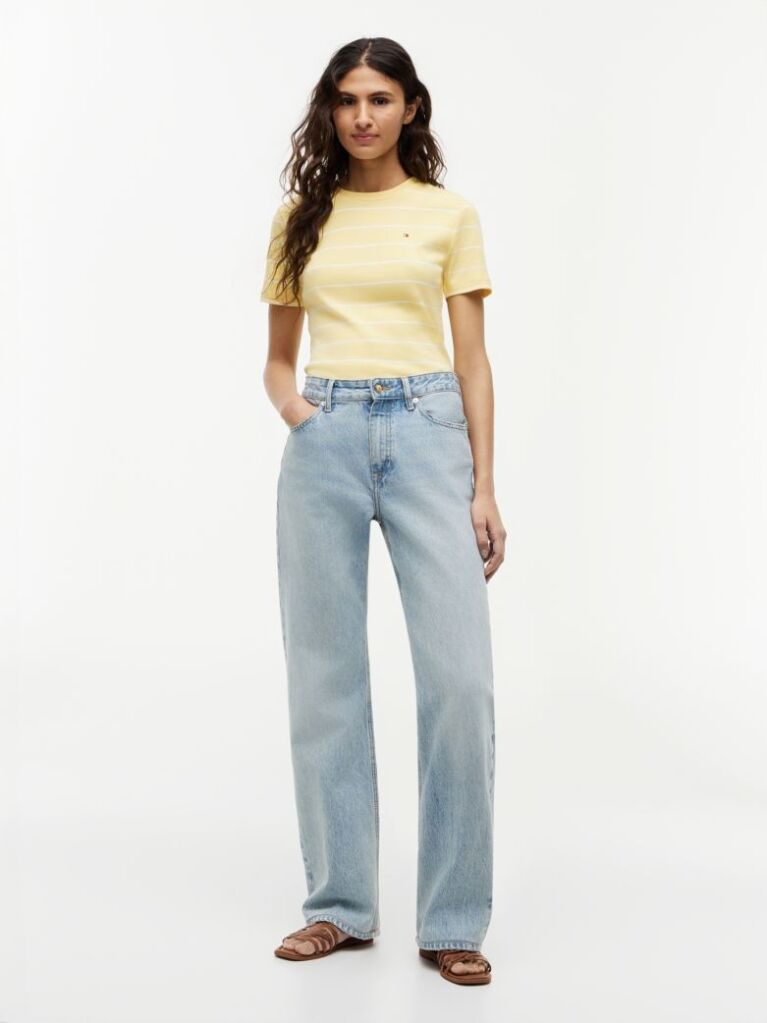 Galben Tricou Cu Nervuri Slim Fit Cu Steag Brodat  Femei
