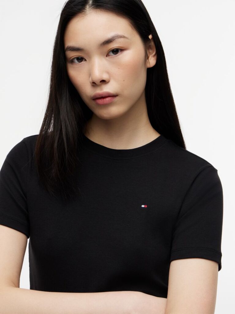 Negru Tricou Cu Nervuri Slim Fit Cu Steag Brodat  Femei
