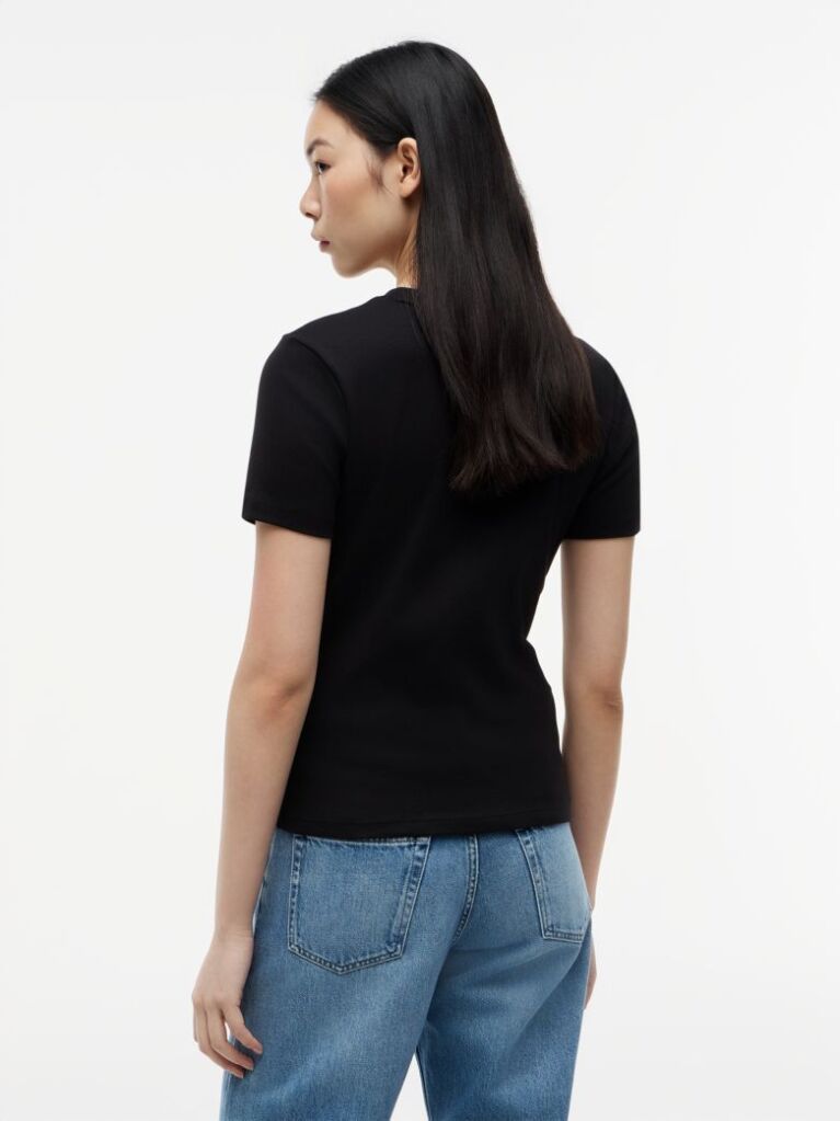 Negru Tricou Cu Nervuri Slim Fit Cu Steag Brodat  Femei