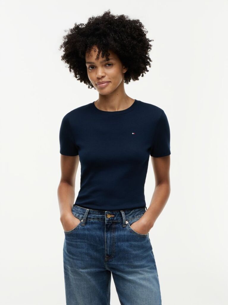 Blue Tricou Cu Nervuri Slim Fit Cu Steag Brodat  Femei