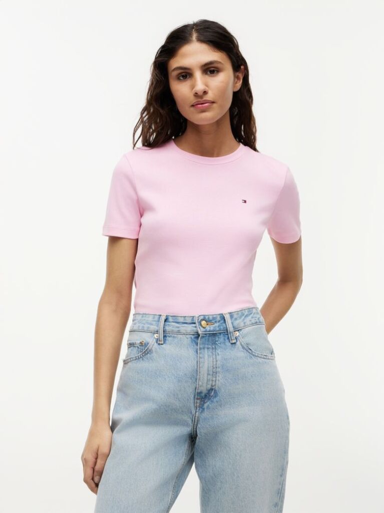 Roz Tricou Cu Nervuri Slim Fit Cu Steag Brodat  Femei