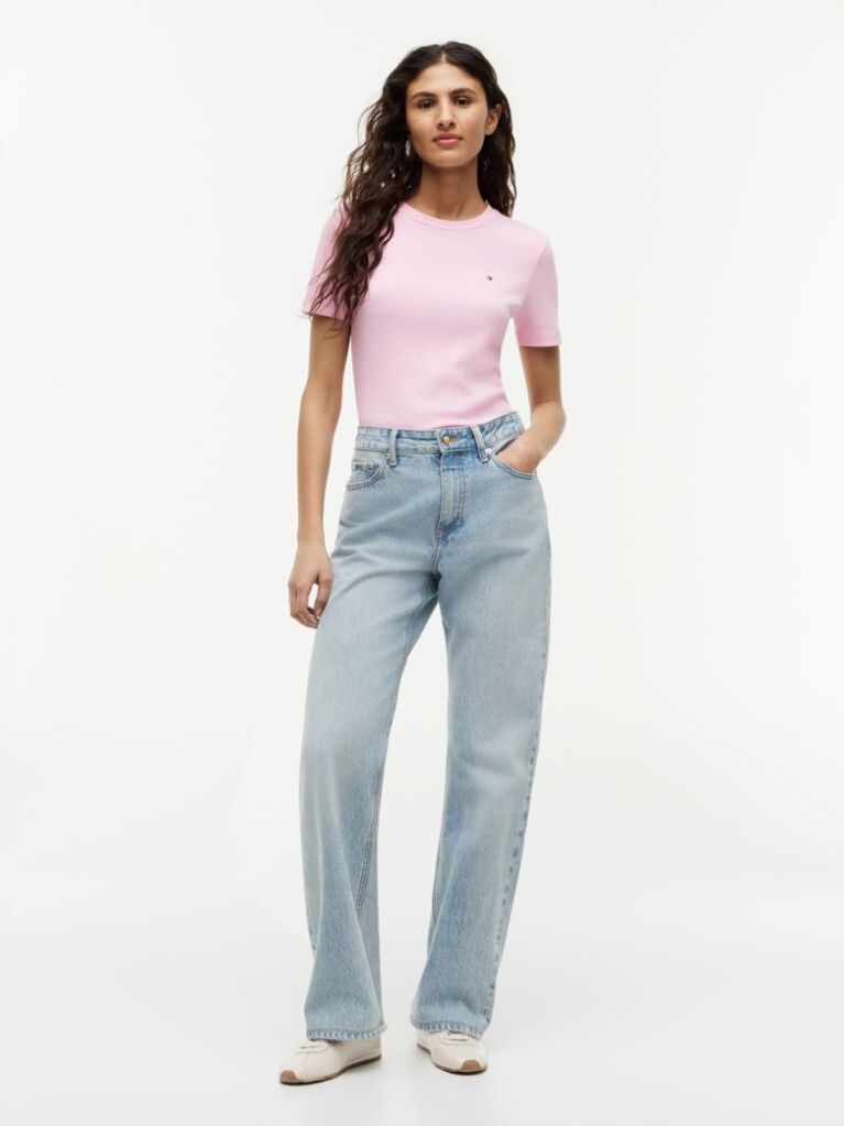 Roz Tricou Cu Nervuri Slim Fit Cu Steag Brodat  Femei