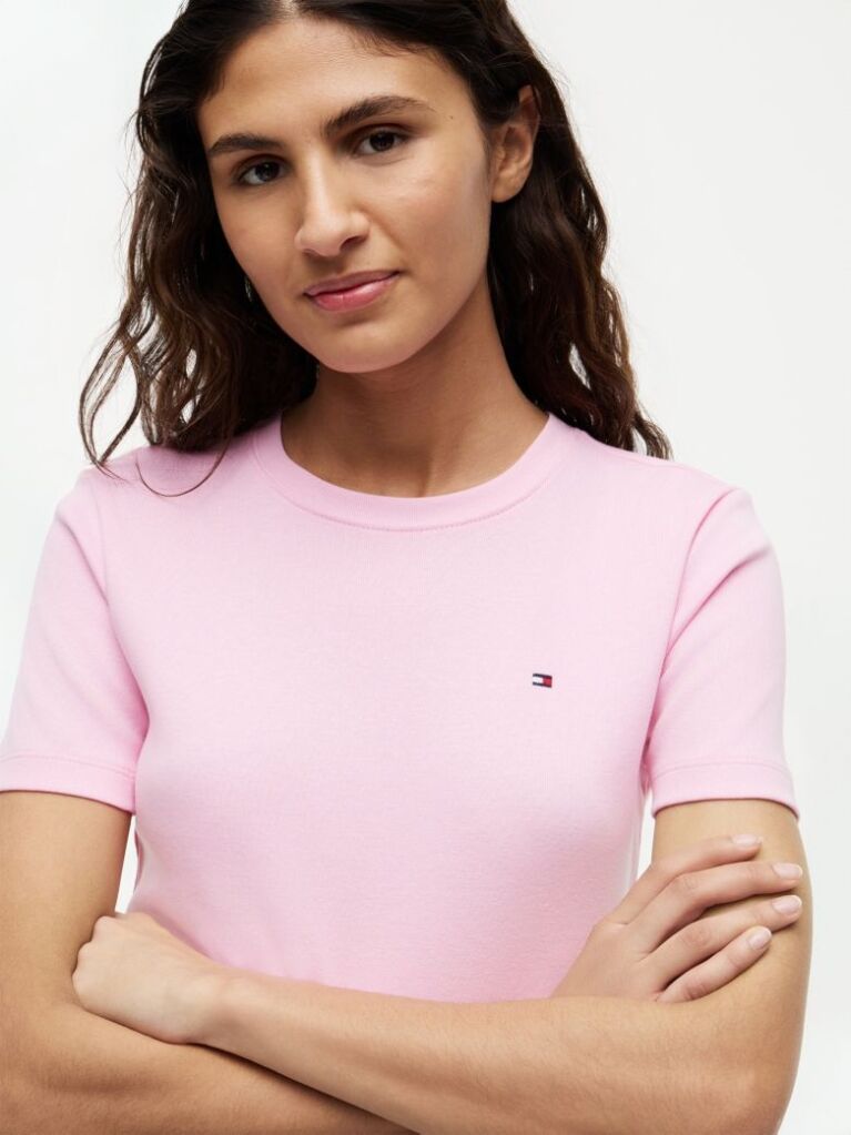 Roz Tricou Cu Nervuri Slim Fit Cu Steag Brodat  Femei