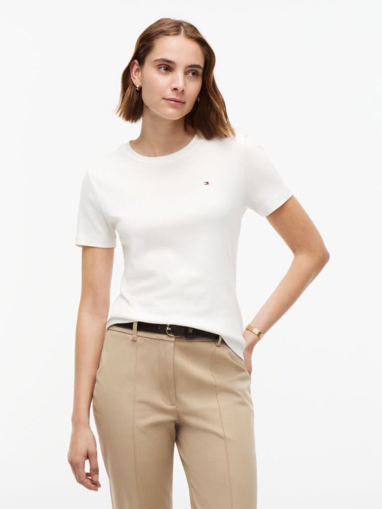 Alb Tricou Cu Nervuri Slim Fit Cu Steag Brodat  Femei