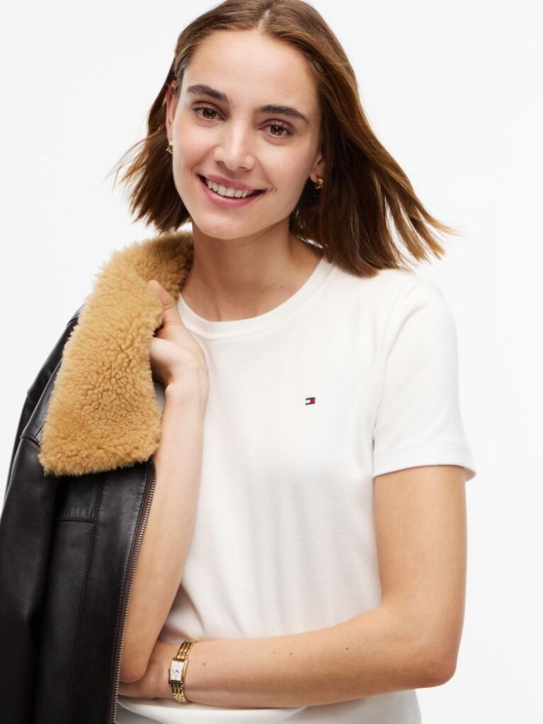 Alb Tricou Cu Nervuri Slim Fit Cu Steag Brodat  Femei